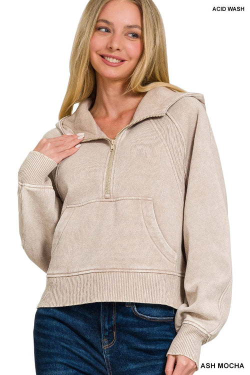 Acid Wash Half Zip Fleece Hoodie w/ Kangaroo Pocket Acid Wash Half Zip Fleece Hoodie w/ Kangaroo Pocket Zenana Ash Mocha / Small