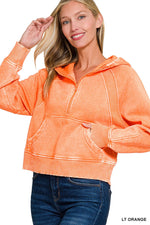 Acid Wash Half Zip Fleece Hoodie w/ Kangaroo Pocket Acid Wash Half Zip Fleece Hoodie w/ Kangaroo Pocket Zenana Light Orange / Small