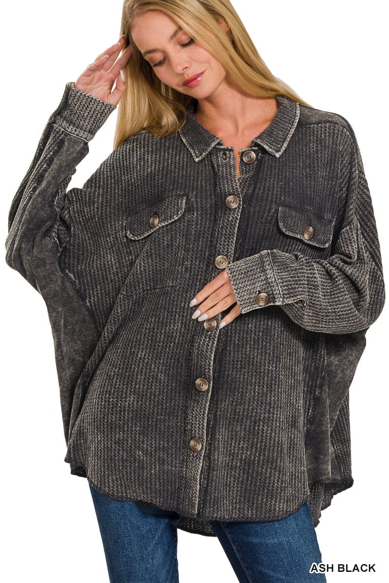 ACID WASH OVERSIZED COTTON WAFFLE SHACKET Zenana