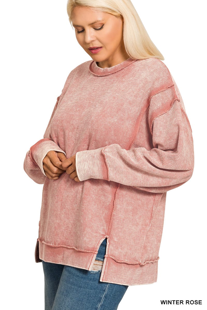 Acid Wash Ribbed Exposed-Seam Pullover Acid Wash Ribbed Exposed-Seam Pullover Zenana