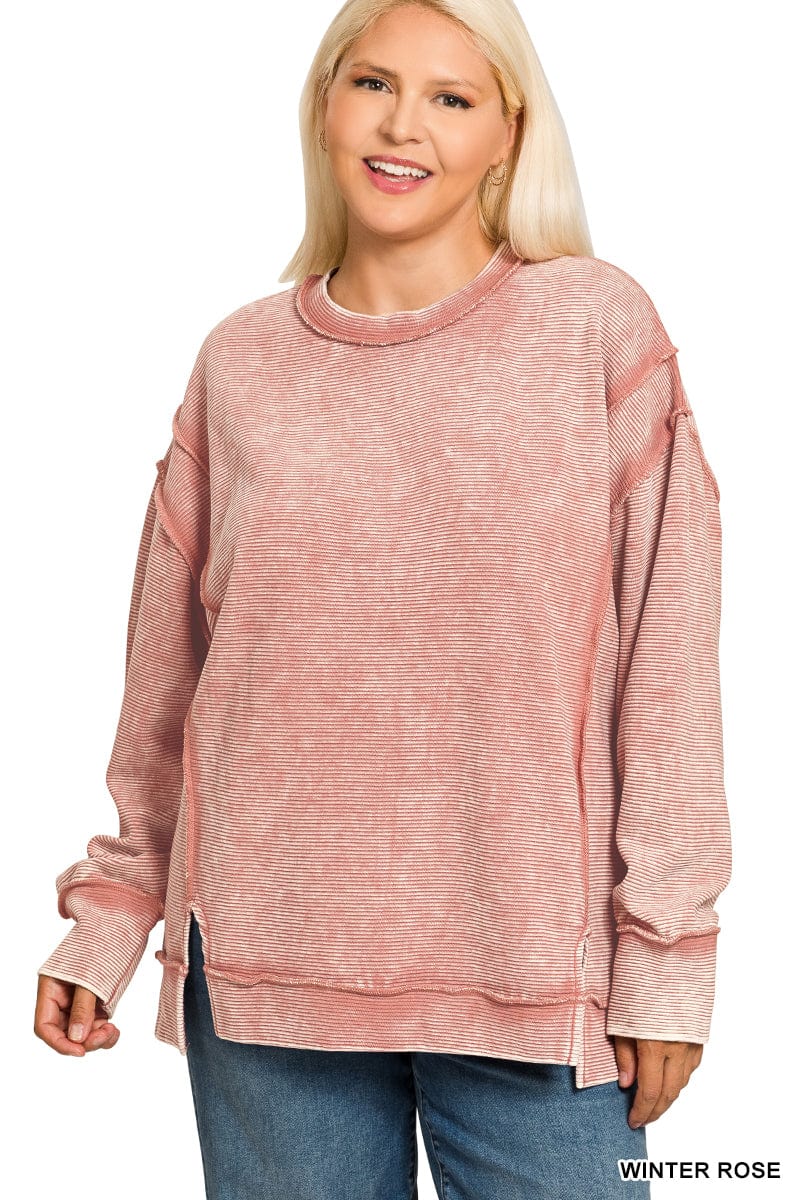 Acid Wash Ribbed Exposed-Seam Pullover Acid Wash Ribbed Exposed-Seam Pullover Zenana