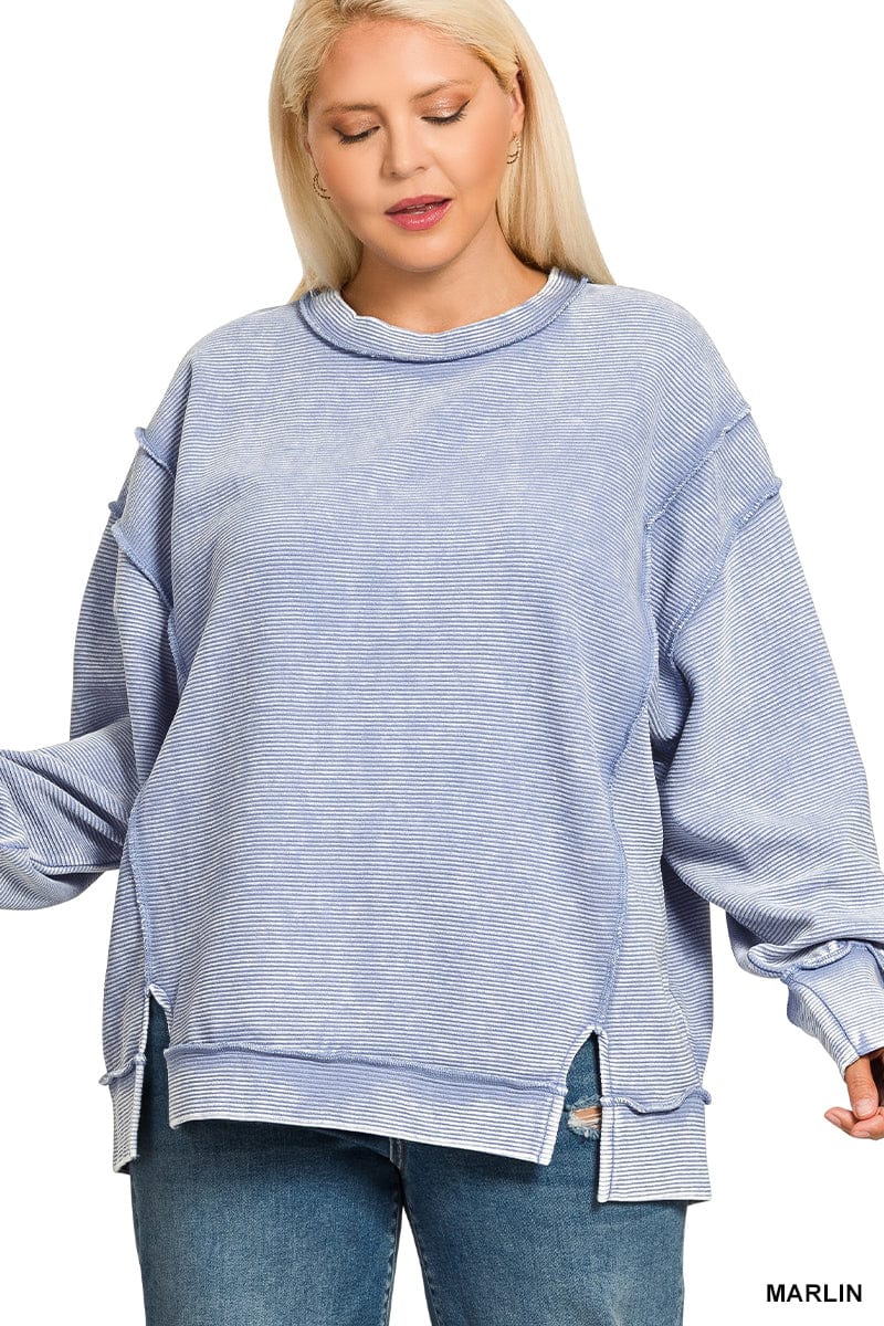 Acid Wash Ribbed Exposed-Seam Pullover Acid Wash Ribbed Exposed-Seam Pullover Zenana