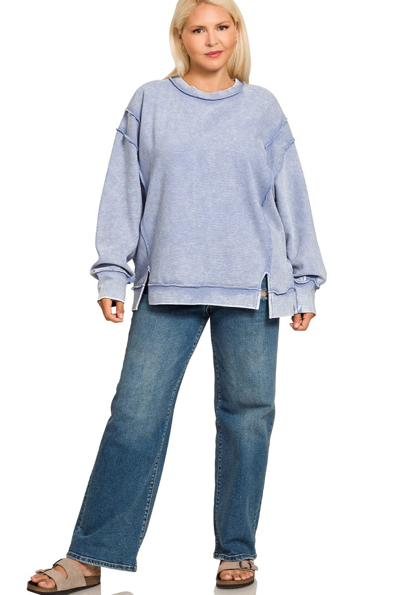 Acid Wash Ribbed Exposed-Seam Pullover Acid Wash Ribbed Exposed-Seam Pullover Zenana