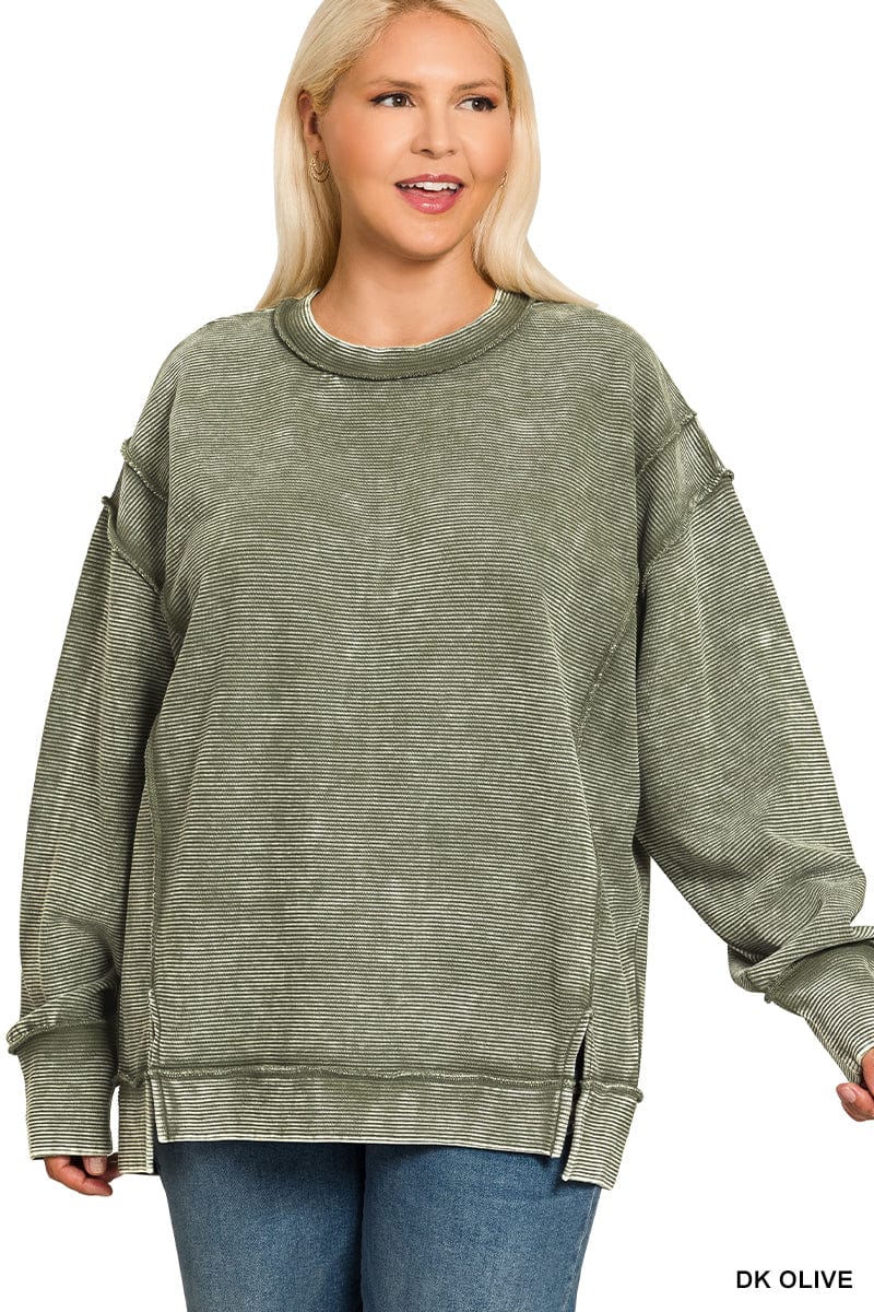 Acid Wash Ribbed Exposed-Seam Pullover Acid Wash Ribbed Exposed-Seam Pullover Zenana