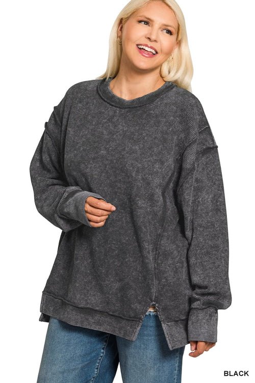Acid Wash Ribbed Exposed-Seam Pullover Acid Wash Ribbed Exposed-Seam Pullover Zenana