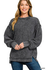 Acid Wash Ribbed Exposed-Seam Pullover Acid Wash Ribbed Exposed-Seam Pullover Zenana Black / Small