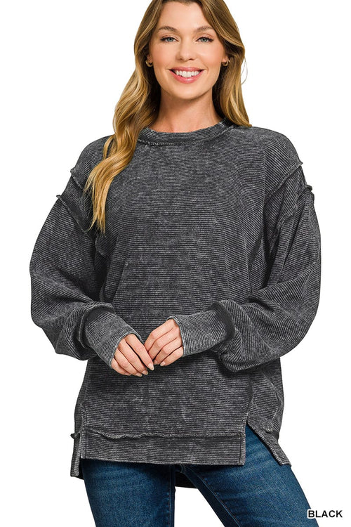 Acid Wash Ribbed Exposed-Seam Pullover Acid Wash Ribbed Exposed-Seam Pullover Zenana Black / Small