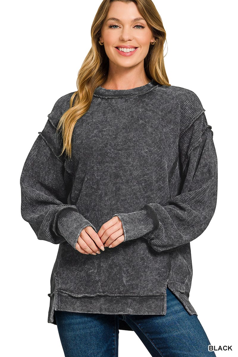 Acid Wash Ribbed Exposed-Seam Pullover Acid Wash Ribbed Exposed-Seam Pullover Zenana Black / Small