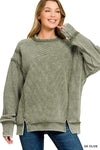 Acid Wash Ribbed Exposed-Seam Pullover Acid Wash Ribbed Exposed-Seam Pullover Zenana Dark Olive / Small