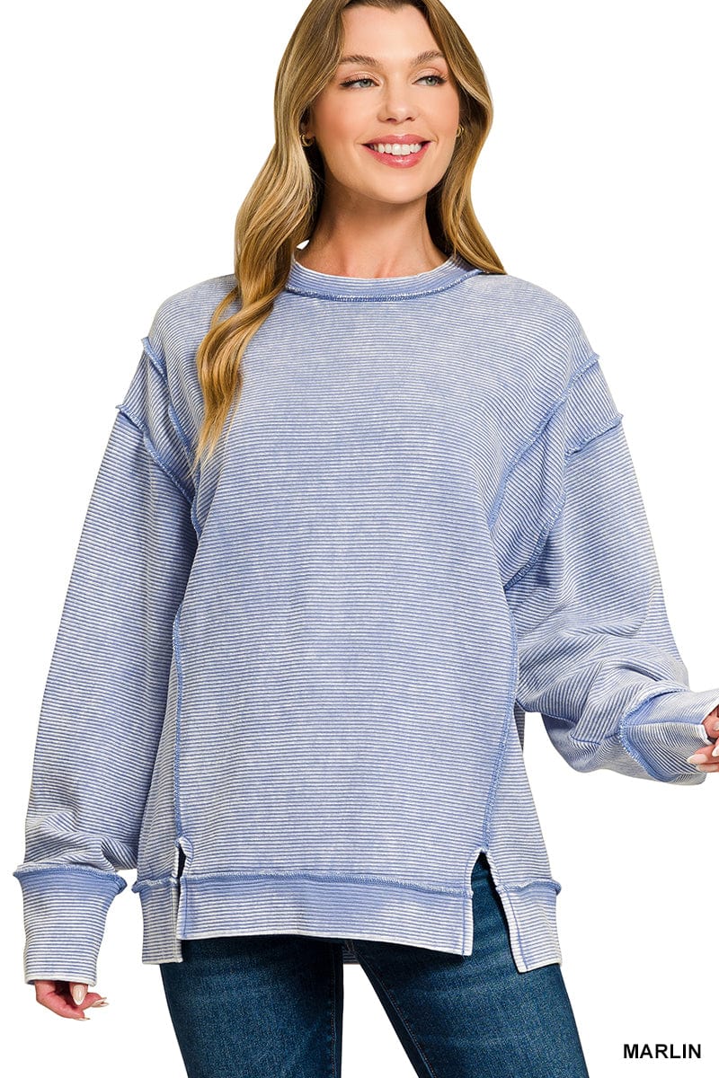 Acid Wash Ribbed Exposed-Seam Pullover Acid Wash Ribbed Exposed-Seam Pullover Zenana Marlin / Small