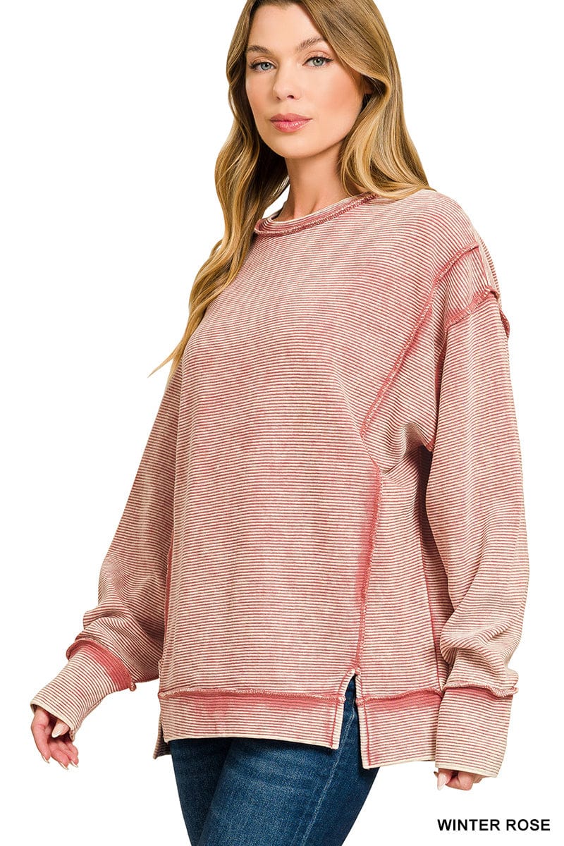 Acid Wash Ribbed Exposed-Seam Pullover Acid Wash Ribbed Exposed-Seam Pullover Zenana Winter Rose / Small