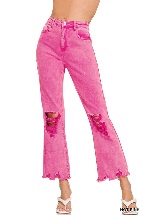 ACID WASHED HIGH WAIST DISTRESSED STRAIGHT PANTS - Hot Pink Zenana