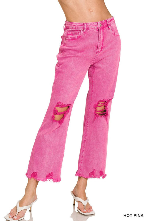 ACID WASHED HIGH WAIST DISTRESSED STRAIGHT PANTS - Hot Pink Zenana