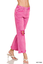 ACID WASHED HIGH WAIST DISTRESSED STRAIGHT PANTS - Hot Pink Zenana