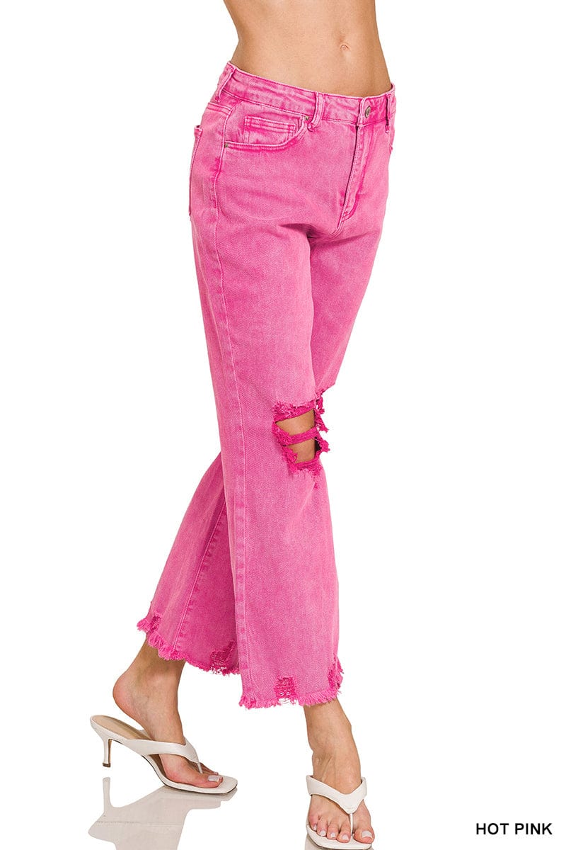 ACID WASHED HIGH WAIST DISTRESSED STRAIGHT PANTS - Hot Pink Zenana