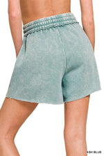 Ash Blue Acid Wash Fleece Drawstring Shorts Ash Blue Acid Wash Fleece Drawstring Shorts Zenana Shorts