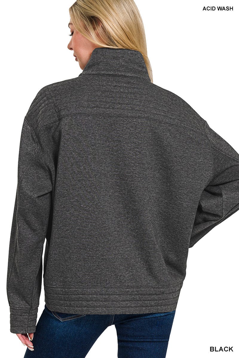 Black Acid Wash Half Snap Button Front Fleece Sweatshirt Black Acid Wash Half Snap Button Front Fleece Sweatshirt Zenana