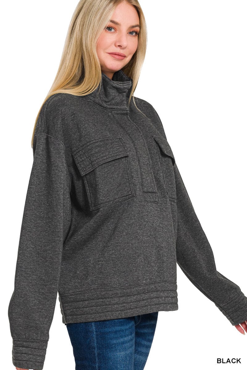 Black Acid Wash Half Snap Button Front Fleece Sweatshirt Black Acid Wash Half Snap Button Front Fleece Sweatshirt Zenana
