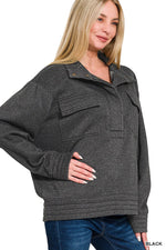 Black Acid Wash Half Snap Button Front Fleece Sweatshirt Black Acid Wash Half Snap Button Front Fleece Sweatshirt Zenana
