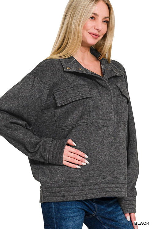 Black Acid Wash Half Snap Button Front Fleece Sweatshirt Black Acid Wash Half Snap Button Front Fleece Sweatshirt Zenana