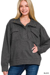 Black Acid Wash Half Snap Button Front Fleece Sweatshirt Black Acid Wash Half Snap Button Front Fleece Sweatshirt Zenana