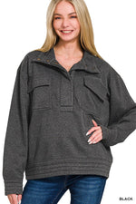Black Acid Wash Half Snap Button Front Fleece Sweatshirt Black Acid Wash Half Snap Button Front Fleece Sweatshirt Zenana