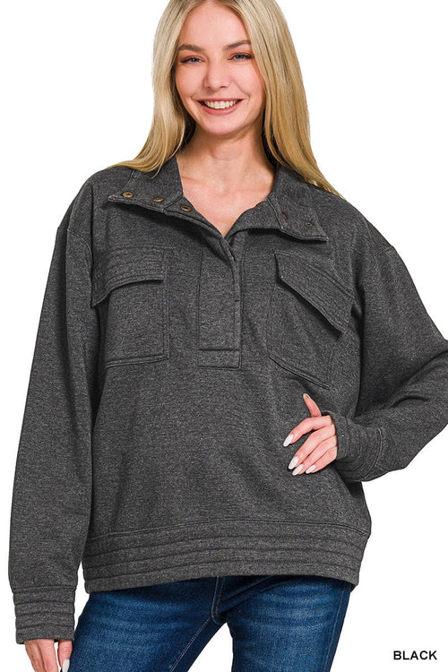 Black Acid Wash Half Snap Button Front Fleece Sweatshirt Black Acid Wash Half Snap Button Front Fleece Sweatshirt Zenana