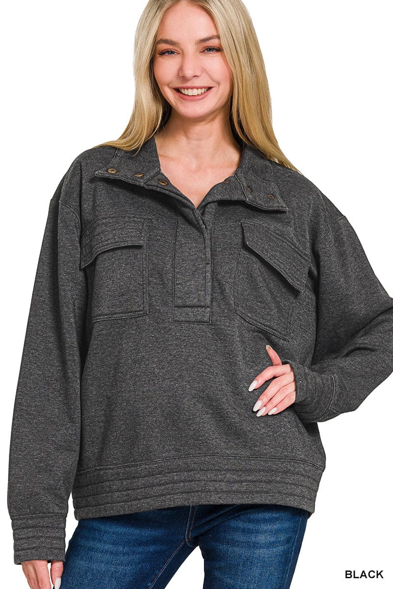 Black Acid Wash Half Snap Button Front Fleece Sweatshirt Black Acid Wash Half Snap Button Front Fleece Sweatshirt Zenana