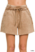 Camel Acid Wash Fleece Drawstring Shorts Camel Acid Wash Fleece Drawstring Shorts Zenana Shorts