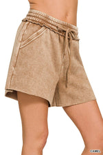 Camel Acid Wash Fleece Drawstring Shorts Camel Acid Wash Fleece Drawstring Shorts Zenana Shorts