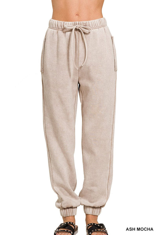 Cuffed Acid Wash Fleece Sweatpants w/ Pockets Cuffed Acid Wash Fleece Sweatpants w/ Pockets Zenana Ash Mocha / Small