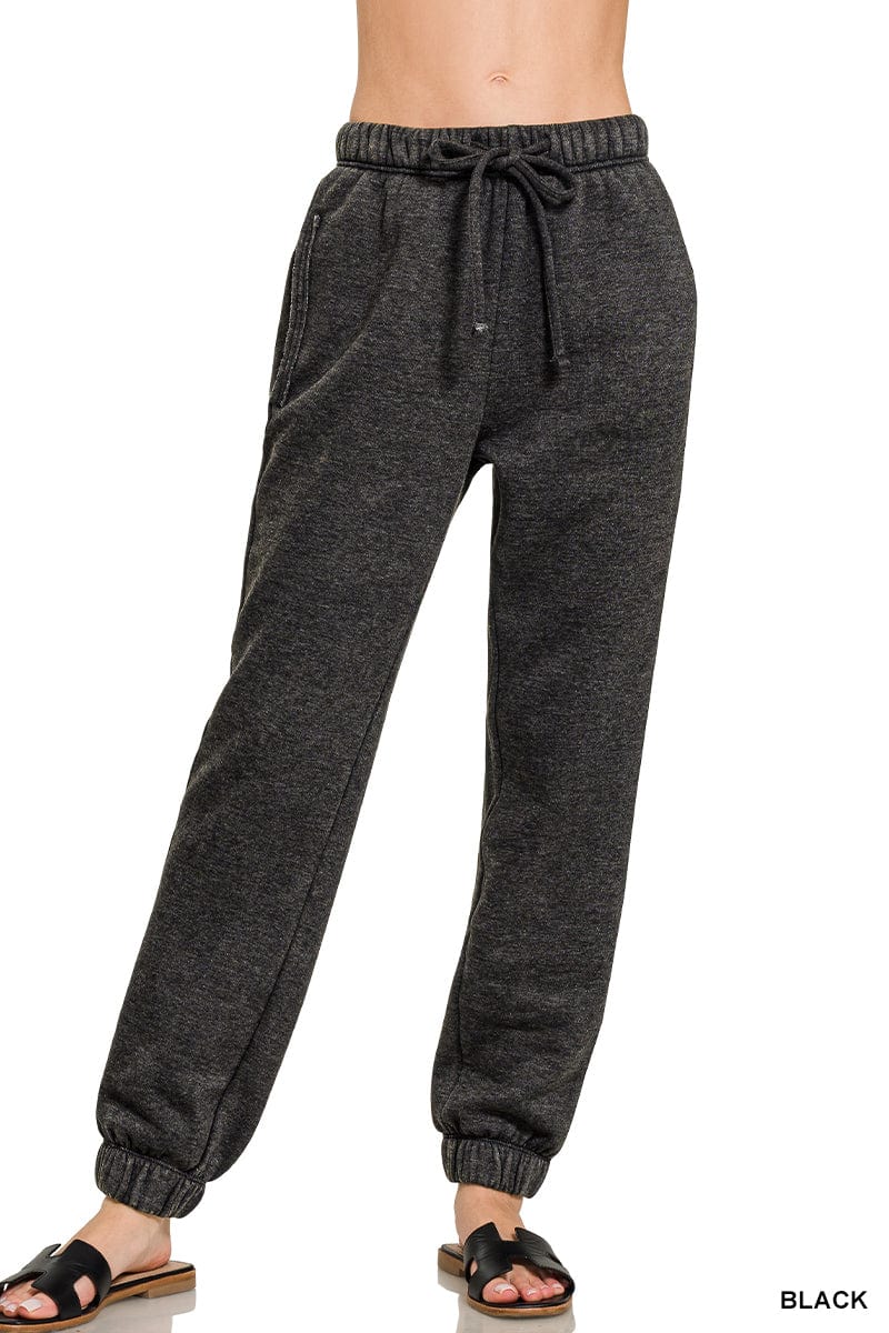 Cuffed Acid Wash Fleece Sweatpants w/ Pockets Cuffed Acid Wash Fleece Sweatpants w/ Pockets Zenana Black / Small