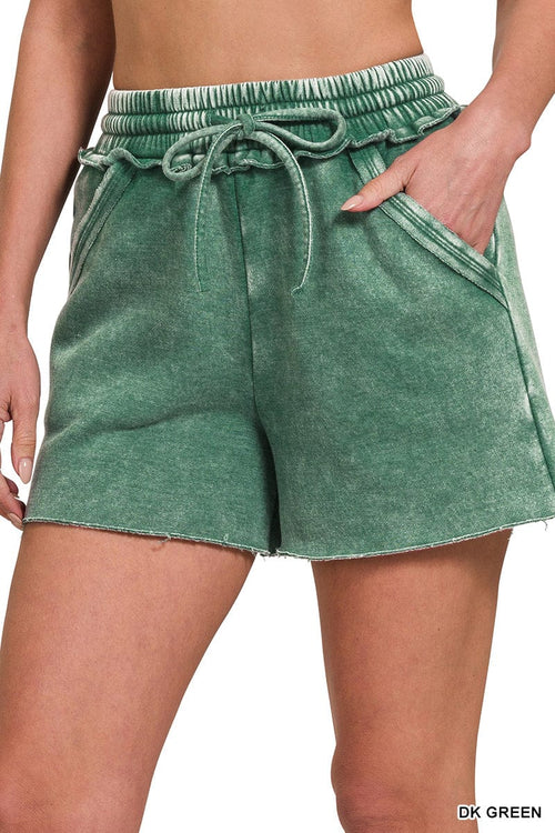 Dark Green Acid Wash Fleece Drawstring Shorts Dark Green Acid Wash Fleece Drawstring Shorts Zenana Shorts