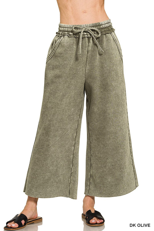 Dark Olive Acid Wash Fleece Palazzo Sweatpants Dark Olive Acid Wash Fleece Palazzo Sweatpants Zenana