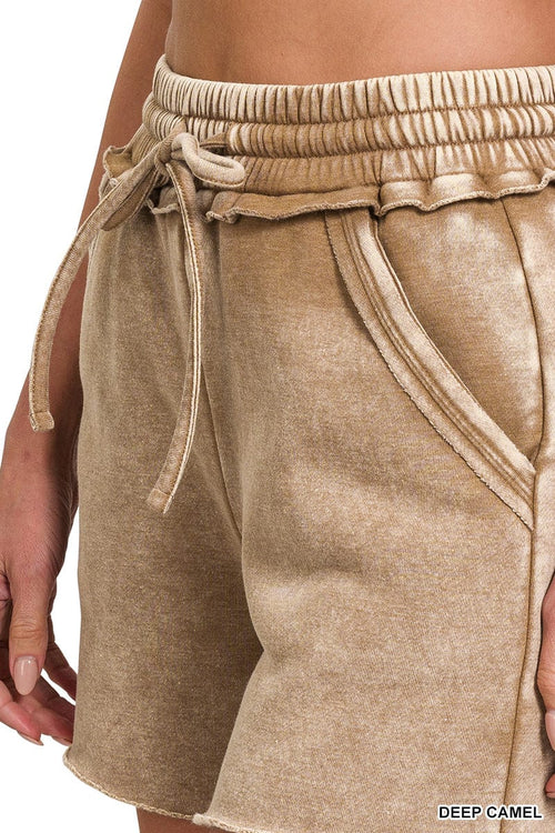 Deep Camel Acid Wash Fleece Drawstring Shorts Deep Camel Acid Wash Fleece Drawstring Shorts Zenana