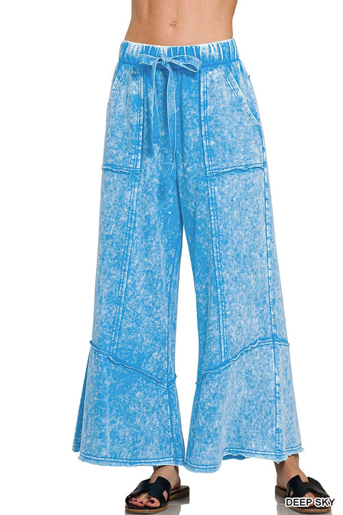 DEEP SKY BLUE EXPOSED-SEAM FLARE HEM PANTS WITH POCKETS DEEP SKY BLUE EXPOSED-SEAM FLARE HEM PANTS WITH POCKETS Zenana