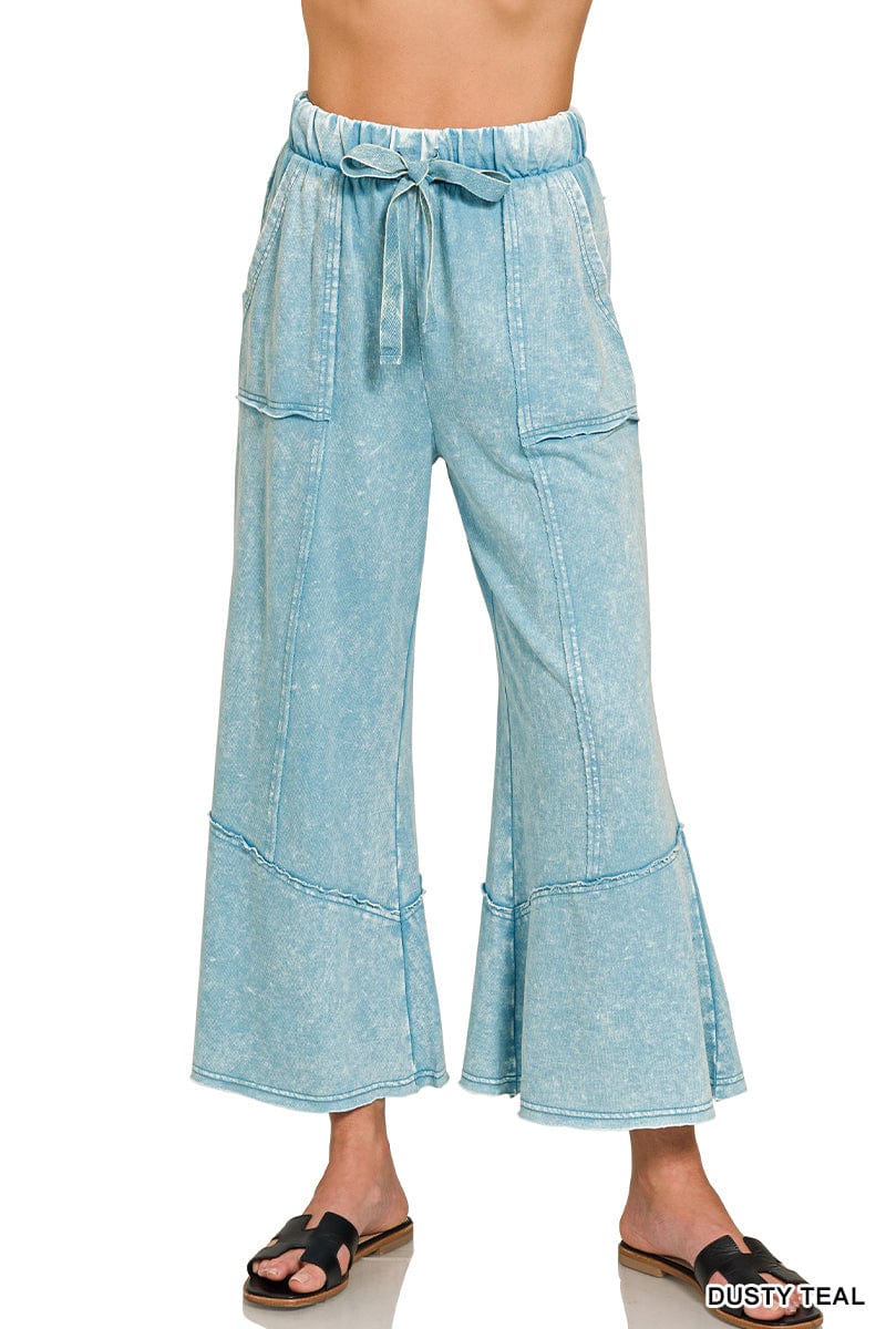 DUSTY TEAL EXPOSED-SEAM FLARE HEM PANTS WITH POCKETS DUSTY TEAL EXPOSED-SEAM FLARE HEM PANTS WITH POCKETS Zenana