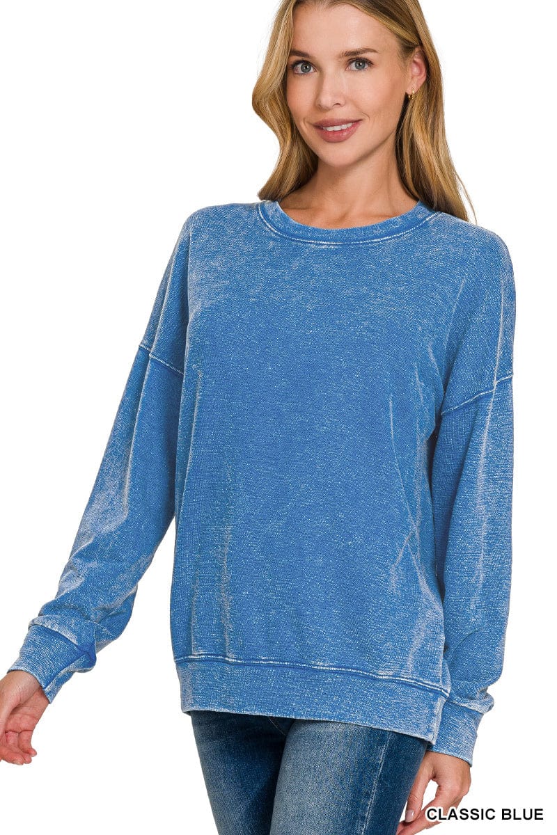 French Terry Washed Round Neck Sweatshirt French Terry Washed Round Neck Sweatshirt Zenana Classic Blue / Small