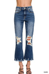 HIGH WAIST DISTRESSED KNEE AND HEM DENIM JEANS Zenana