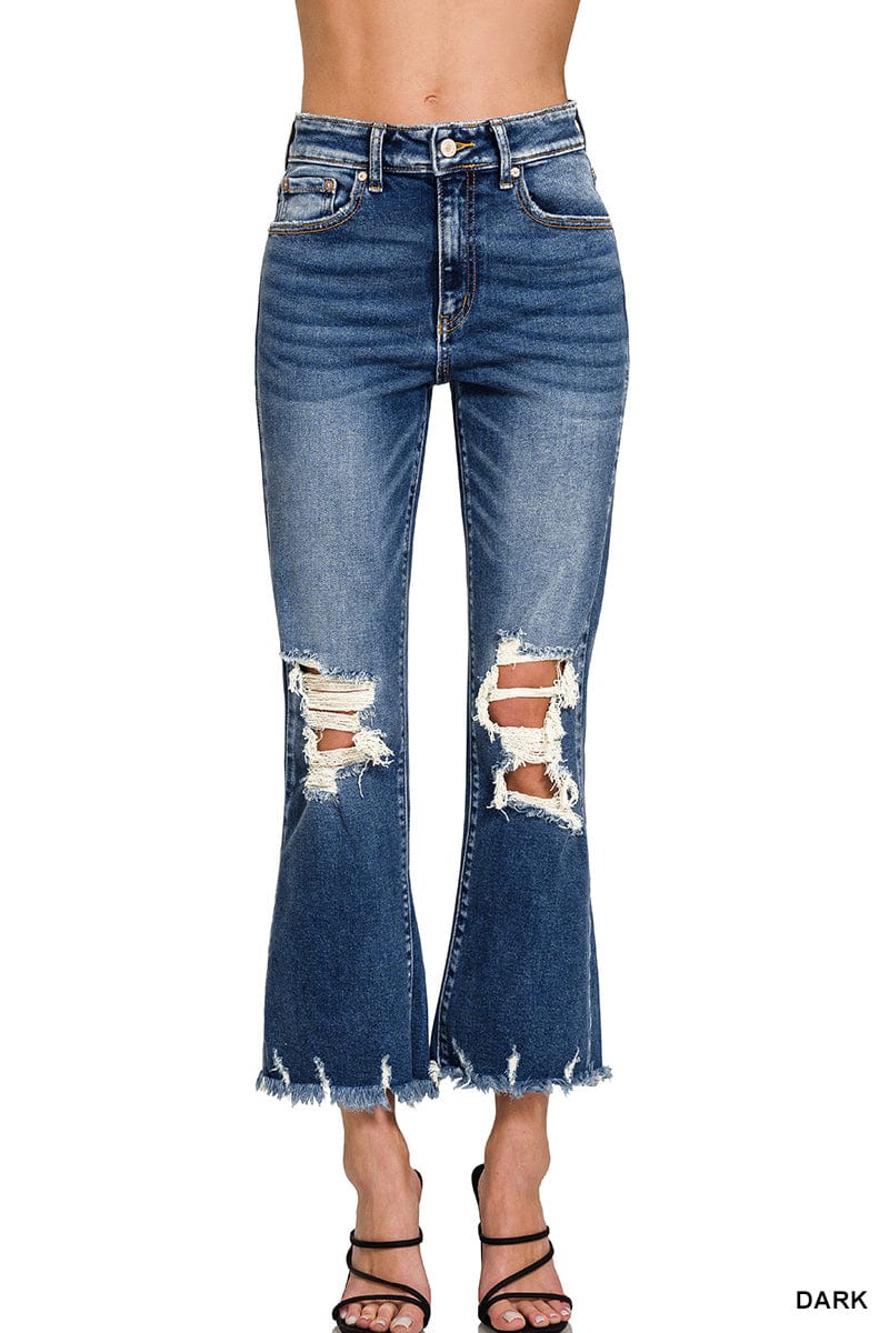 HIGH WAIST DISTRESSED KNEE AND HEM DENIM JEANS Zenana