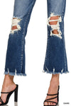 HIGH WAIST DISTRESSED KNEE AND HEM DENIM JEANS Zenana