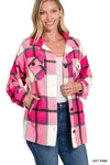 Hot Pink Oversized Plaid Fleece Shacket Zenana