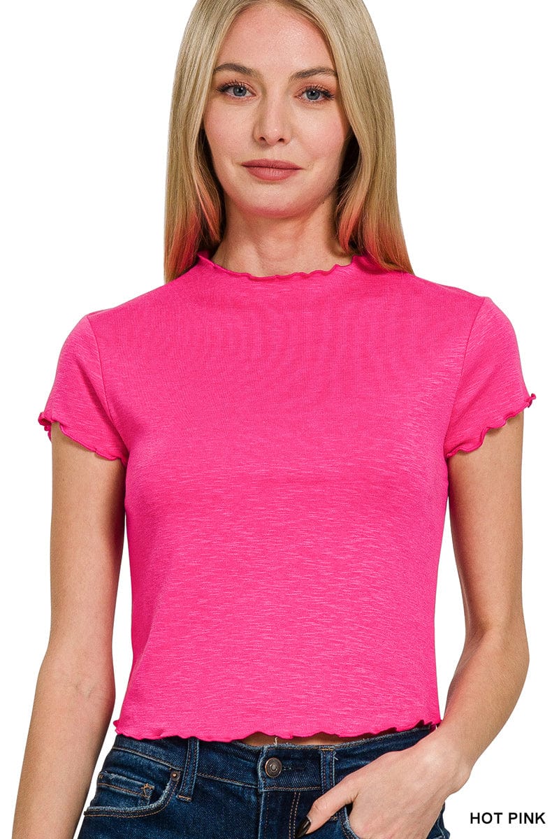 Lettuce Trimmed Cropped Short Sleeve Tee Lettuce Trimmed Cropped Short Sleeve Tee Zenana Hot Pink / Small