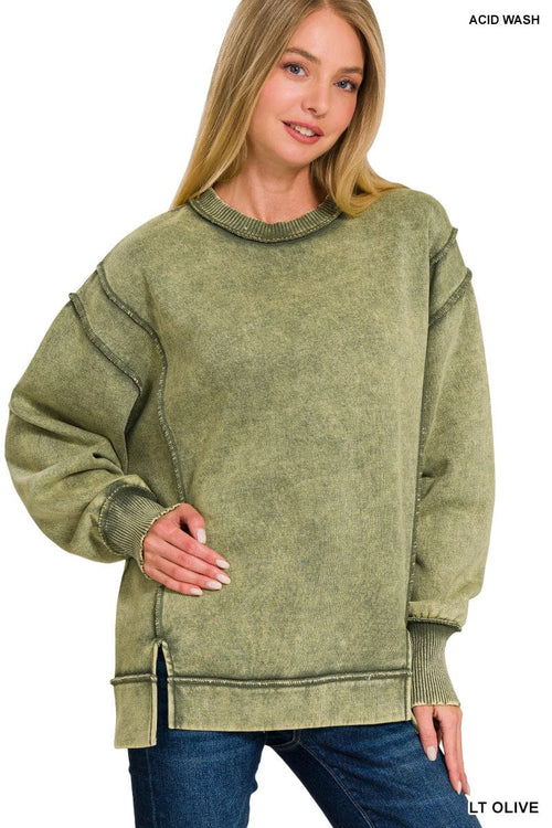 Light Olive Acid Washed Exposed Seam Sweatshirt Light Olive Acid Washed Exposed Seam Sweatshirt Zenana