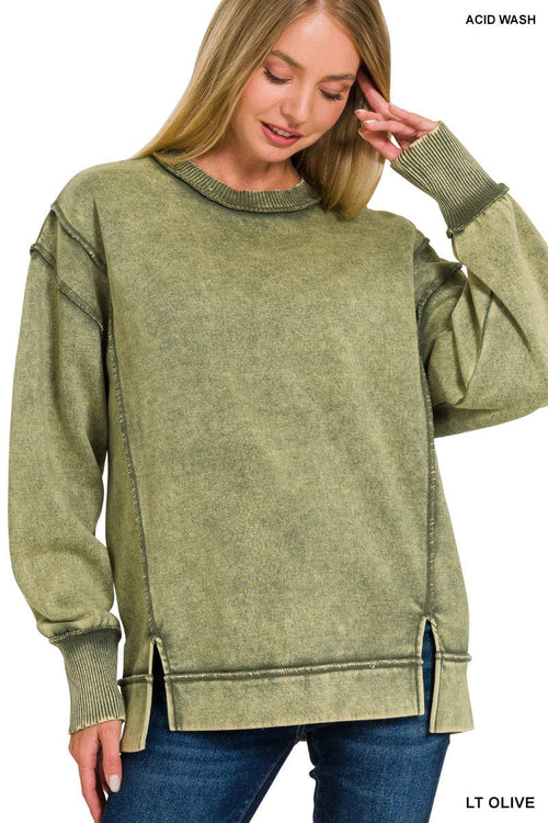 Light Olive Acid Washed Exposed Seam Sweatshirt Light Olive Acid Washed Exposed Seam Sweatshirt Zenana