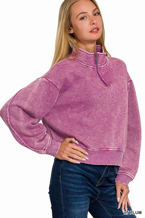 Light Plum Acid Wash Fleece Half Zip Pullover Light Plum Acid Wash Fleece Half Zip Pullover Zenana