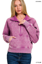 Light Plum Acid Washed Half Zip Fleece Pullover Light Plum Acid Washed Half Zip Fleece Pullover Zenana