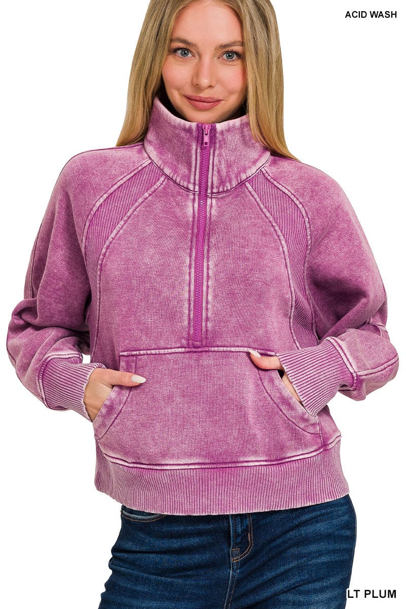 Light Plum Acid Washed Half Zip Fleece Pullover Light Plum Acid Washed Half Zip Fleece Pullover Zenana