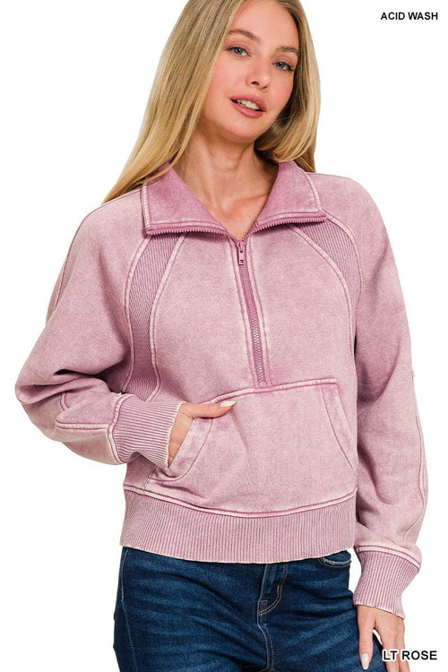 Light Rose Acid Washed Half Zip Fleece Pullover Light Rose Acid Washed Half Zip Fleece Pullover Zenana