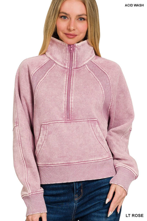 Light Rose Acid Washed Half Zip Fleece Pullover Light Rose Acid Washed Half Zip Fleece Pullover Zenana
